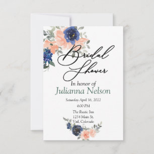 Peach and blue watercolor floral  invitation