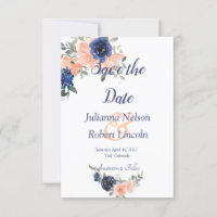 Peach and blue watercolor floral save the date inv