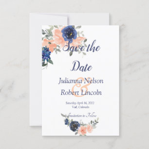 Peach and blue watercolor floral save the date inv invitation