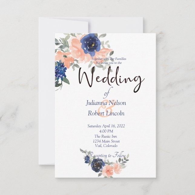 Peach and blue watercolor floral wedding invitatio invitation (Front)