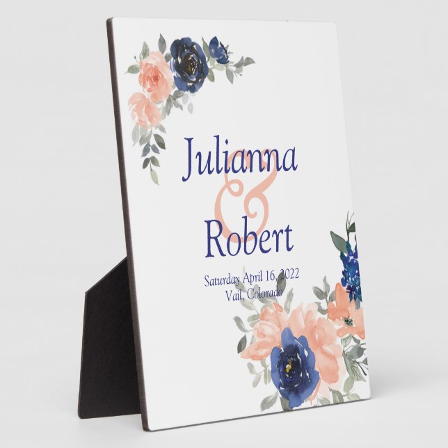 Peach and blue watercolor floral  wedding plaque (Side)