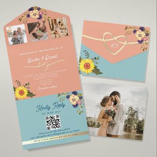 Peach and Blue Wedding Invitation with Sunflowers