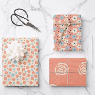 Peach and Blue Wrapping Paper Flat Sheet Set of 3