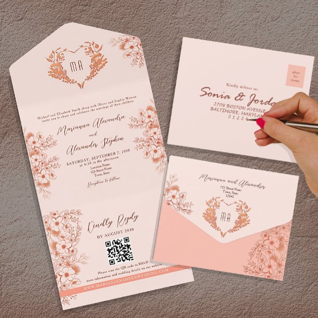 Peach and Blush Pink Monogram Wedding All In One Invitation (Creator Uploaded)
