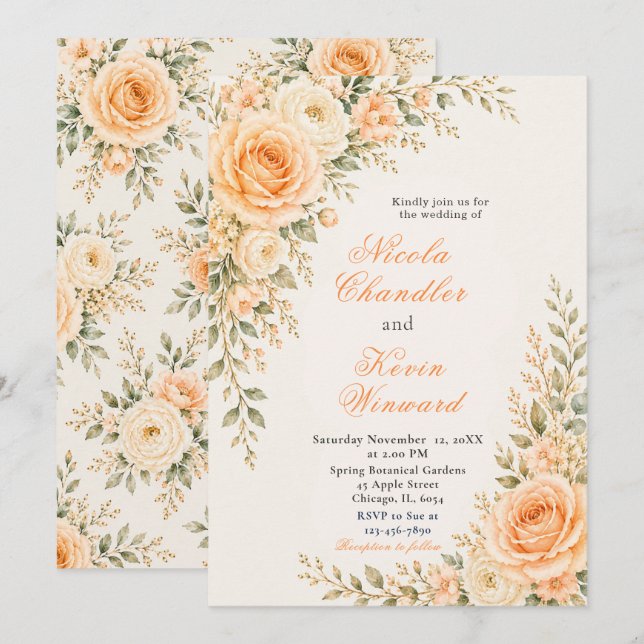 Peach and Champagne Gold Wedding Invitation (Front/Back)