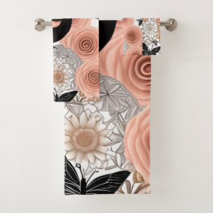 Peach and Charcoal Flowers, Robin and Butterflies Bath Towel Set
