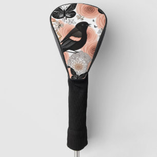 Peach and Charcoal Flowers, Robin and Butterflies Golf Head Cover
