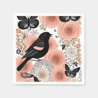 Peach and Charcoal Flowers, Robin and Butterflies Napkin
