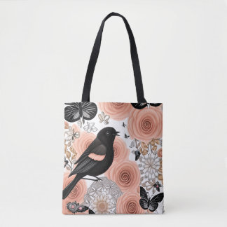 Peach and Charcoal Flowers, Robin and Butterflies Tote Bag
