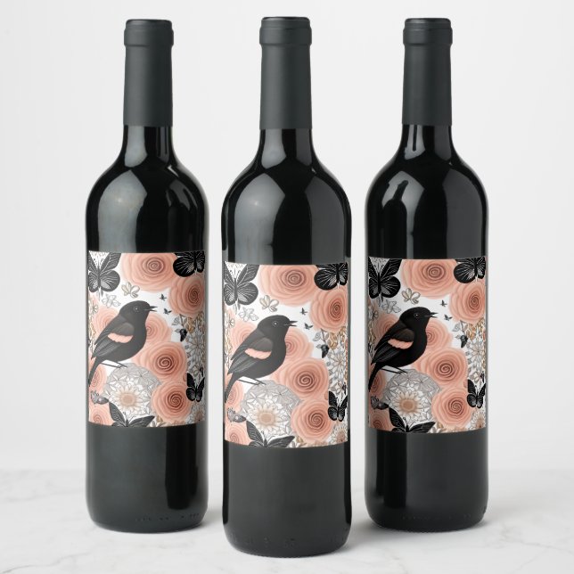 Peach and Charcoal Flowers, Robin and Butterflies Wine Label (Bottles)