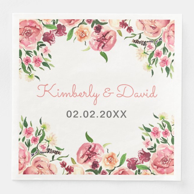 Peach and Coral Flowers Floral Wedding Napkin (Front)