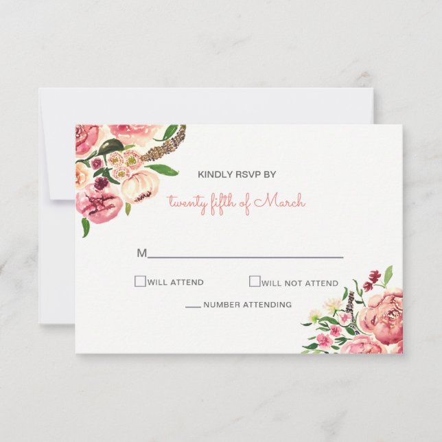 Peach and Coral Flowers Floral wedding RSVP Card (Front)