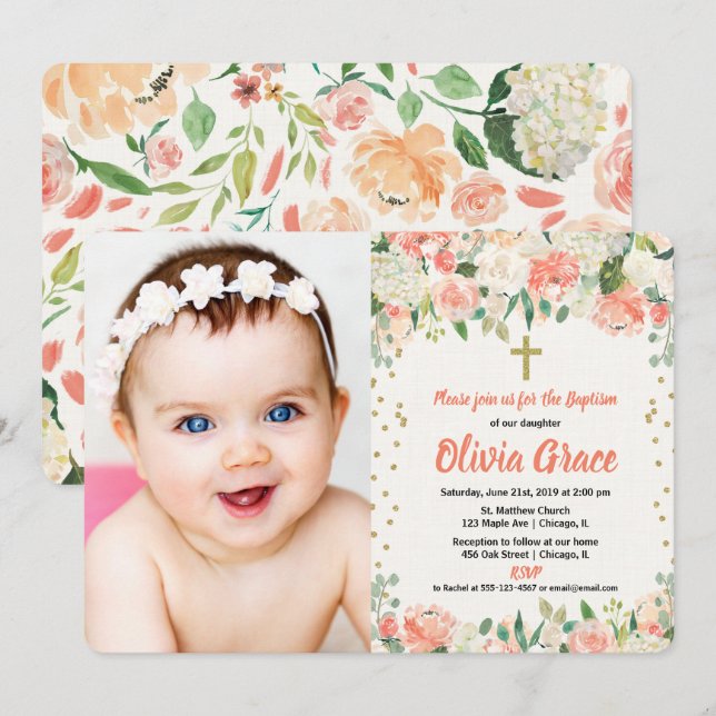 Peach and cream floral baptism girl photo invitation (Front/Back)