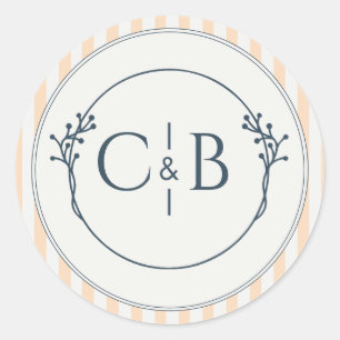 Peach and Cream Striped Monogram Wedding  Classic Round Sticker