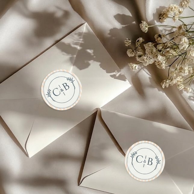 Peach and Cream Striped Monogram Wedding  Classic Round Sticker (Creator Uploaded)