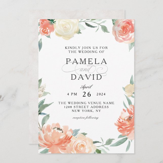 Peach and Cream Watercolor Floral Wedding Invitation (Front/Back)