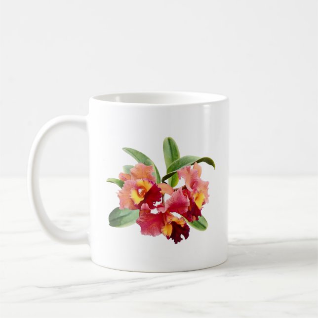 Peach and Crimson Cattleya Orchids Coffee Mug (Left)