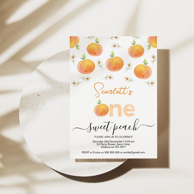 Peach And daisy One Sweet Peach 1st Birthday  Invitation (Girls One Sweet Peach First Birthday Invitations, One Sweet Peach invite, 1st Birthday Invitations)