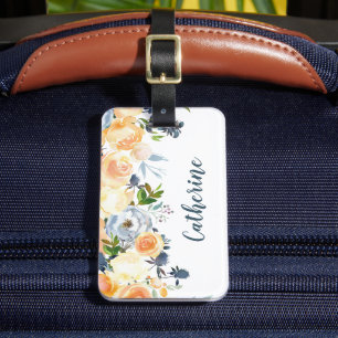 Peach and Dusty Blue Floral Personalised Luggage Tag