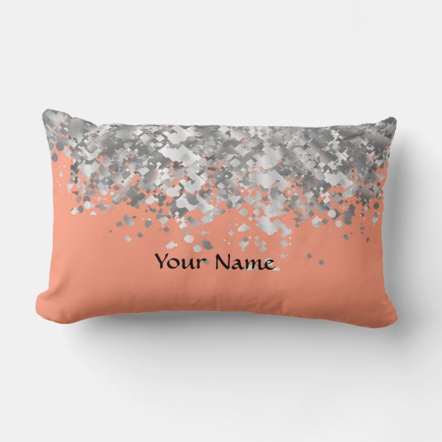 Peach and faux glitter personalised lumbar cushion (Front)