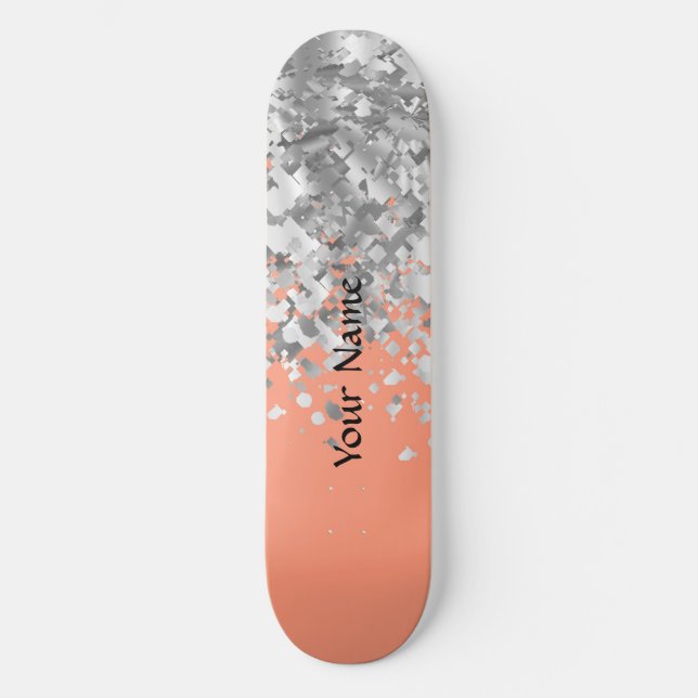 Peach and faux glitter personalised skateboard (Front)