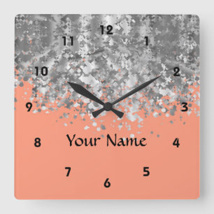 Peach and faux glitter personalised square wall clock