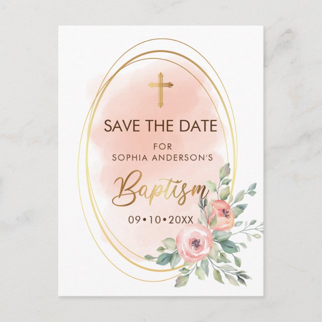 Peach and Gold Baptism Save The Date Postcard (Front)