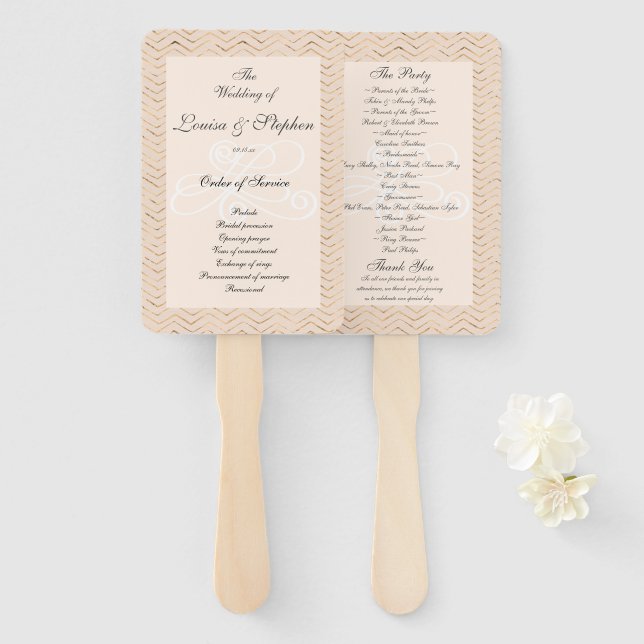 Peach and Gold Chevron Wedding Program Hand Fan (Front and Back)