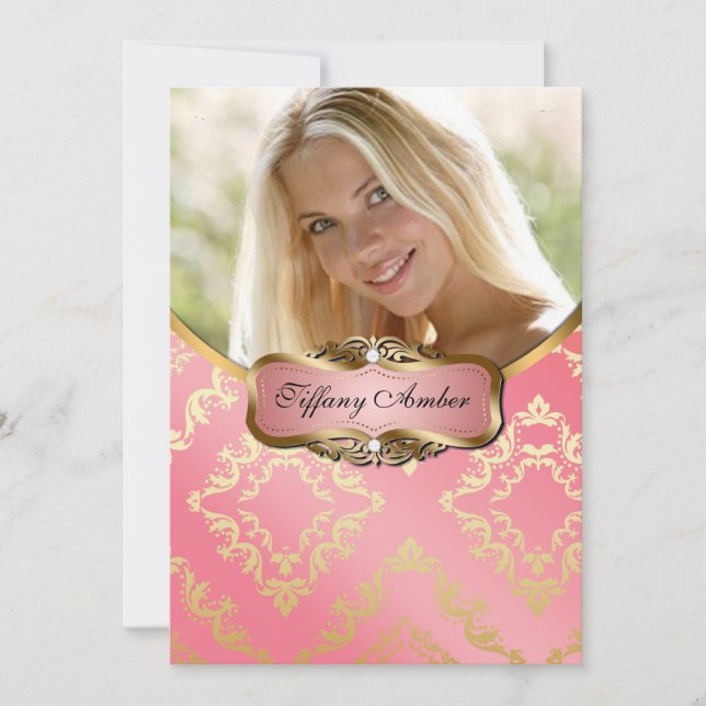 Peach and Gold Damask Photo Invite (Front)