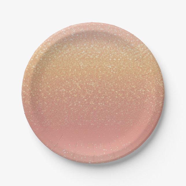 Peach and Gold Glitter Ombre Kids Birthday Party Paper Plate (Front)