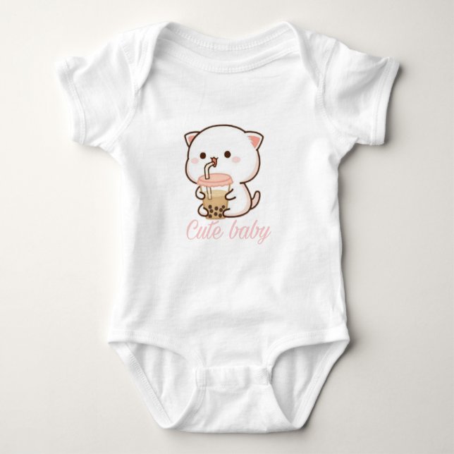 Peach and Goma Mochi Cat Bubble Tea  Baby Bodysuit (Front)