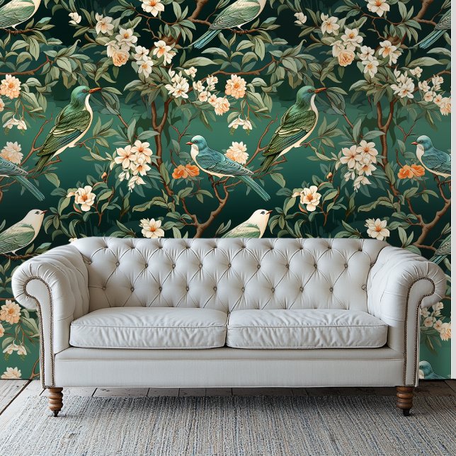 Peach and Green Chinoiserie Style Floral Wallpaper (Creator Uploaded)