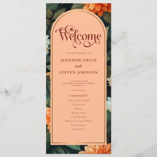 Peach and Green Floral Gold Foil Arch Wedding Programme (Front)