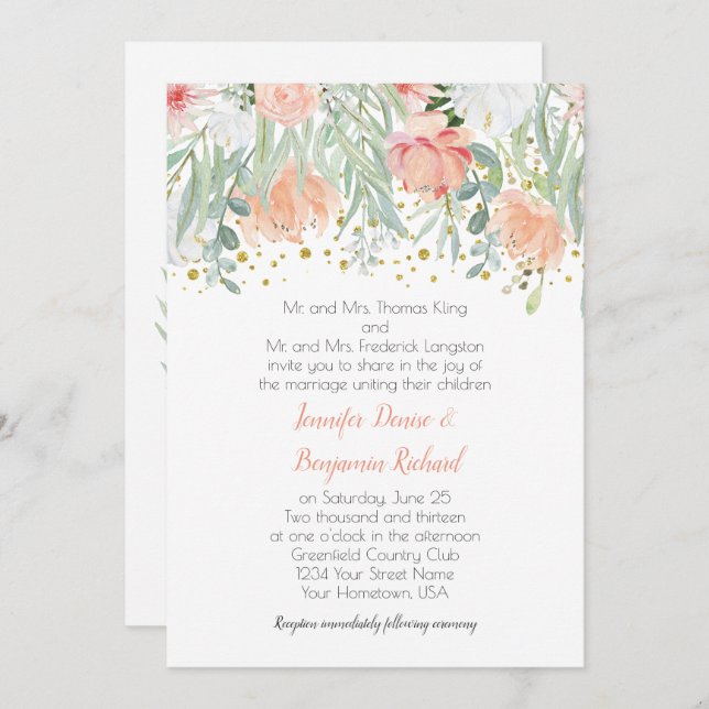 Peach and Green Floral Gold Sparkles Wedding Invitation (Front/Back)
