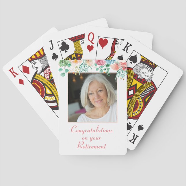 Peach and Green Floral Photo Retirement Playing Ca Cards (Back)