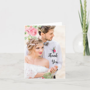Peach and Green Floral Photo Wedding Thank You Card