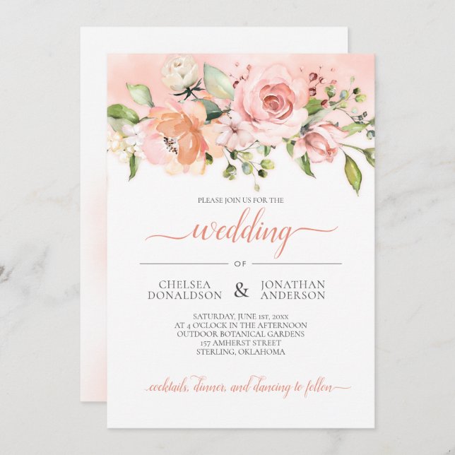 Peach and Green Floral Wedding Invitation (Front/Back)