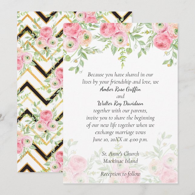 Peach and Green Floral Wedding Invitation (Front/Back)