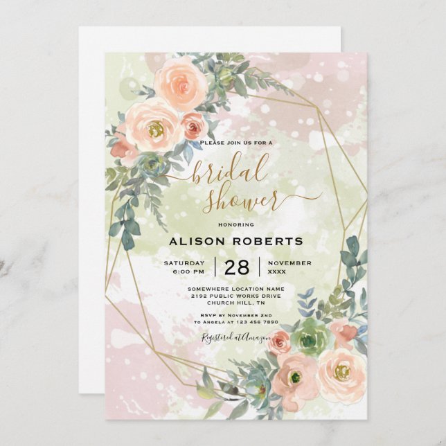 Peach and Green Gold Geometric Frame Invitation (Front/Back)