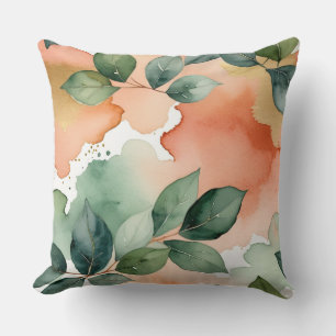 Peach and Green Leaves Watercolor Cushion