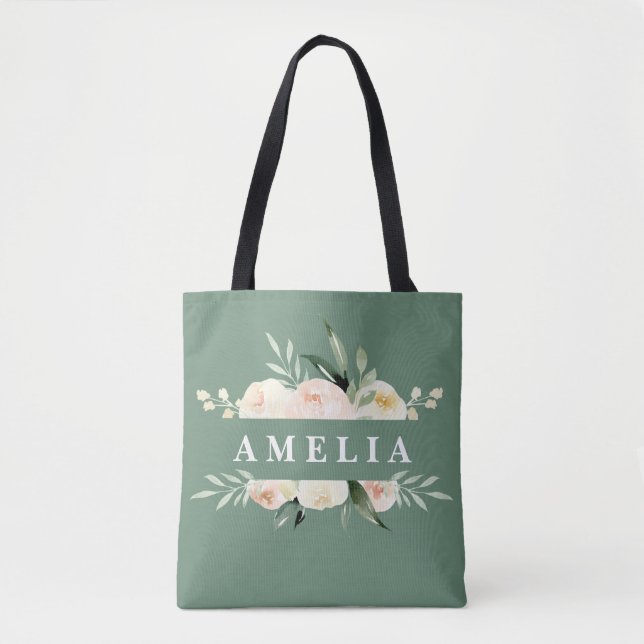 Peach and green watercolor floral & foliage tote bag (Front)