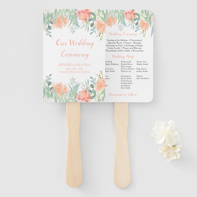 Peach and Green Watercolor Floral Program Fans (Front and Back)