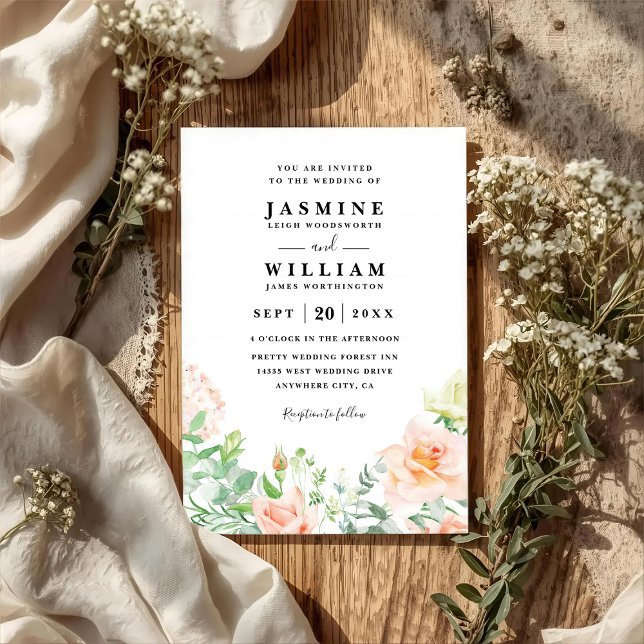 Peach And Greenery Floral Elegant QR Code Wedding Invitation (Creator Uploaded)