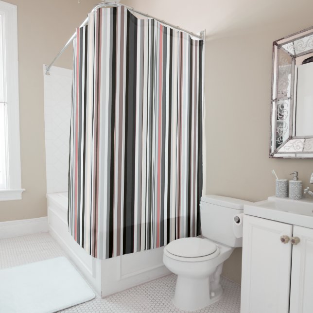 Peach and Grey Abstract Stripes Shower Curtain (In Situ)