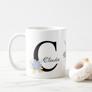 Peach and Grey Floral Flowers Monogram Mug