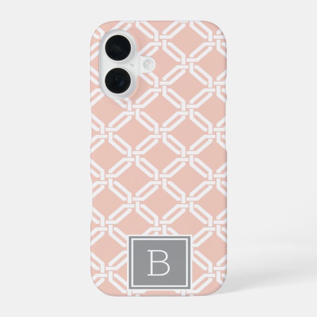 Peach and Grey Lattice Pattern Monogram iPhone 16 Case (Back)