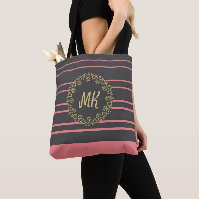 Peach and Grey Monogrammed Tote Bag (Close Up)