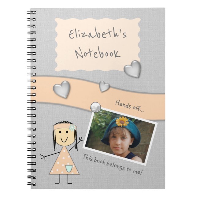 Peach and grey with hearts a name and Photo Spiral Notebook (Front)