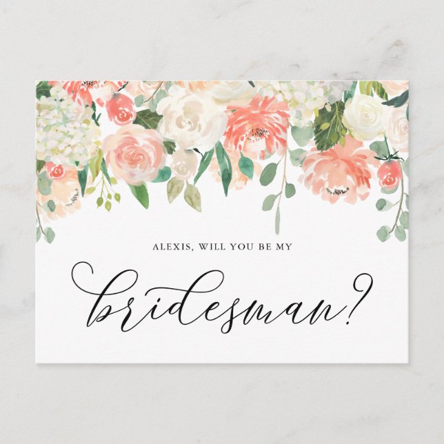 Peach and Ivory Flowers Will You Be My Bridesman Postcard (Front)