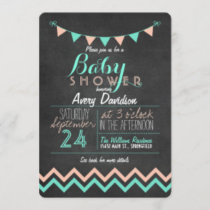 Peach and Mint Bunting Flag Chalkboard Baby Shower Invitation
